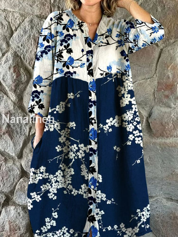 Vintage Floral Art Print Chic V-Neck Three-Quarter Sleeve Button Elegant Midi Dress A / S