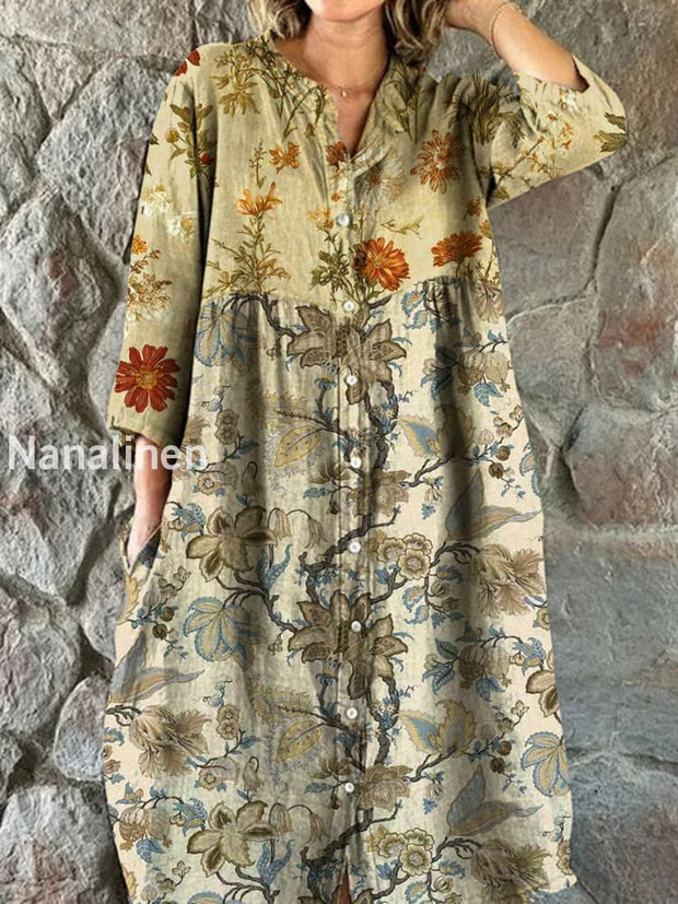 Vintage Floral Art Print Chic V-neck Three Quarter Sleeve Button Elegant Midi Dress A / S