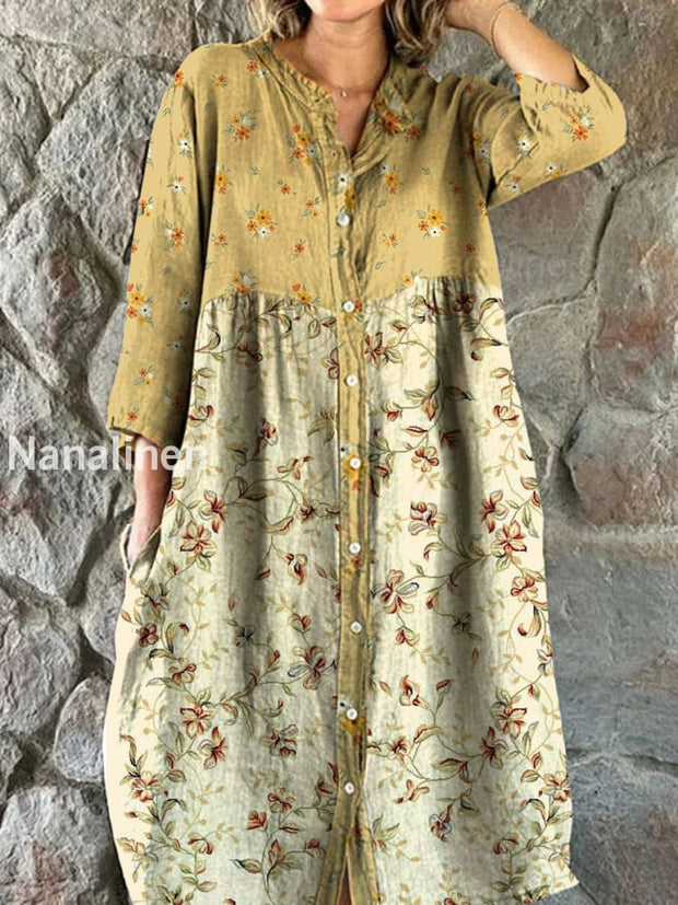 Vintage Floral Art Print Chic V-Neck Three Quarter Sleeve Button Elegant Midi Dress A / S