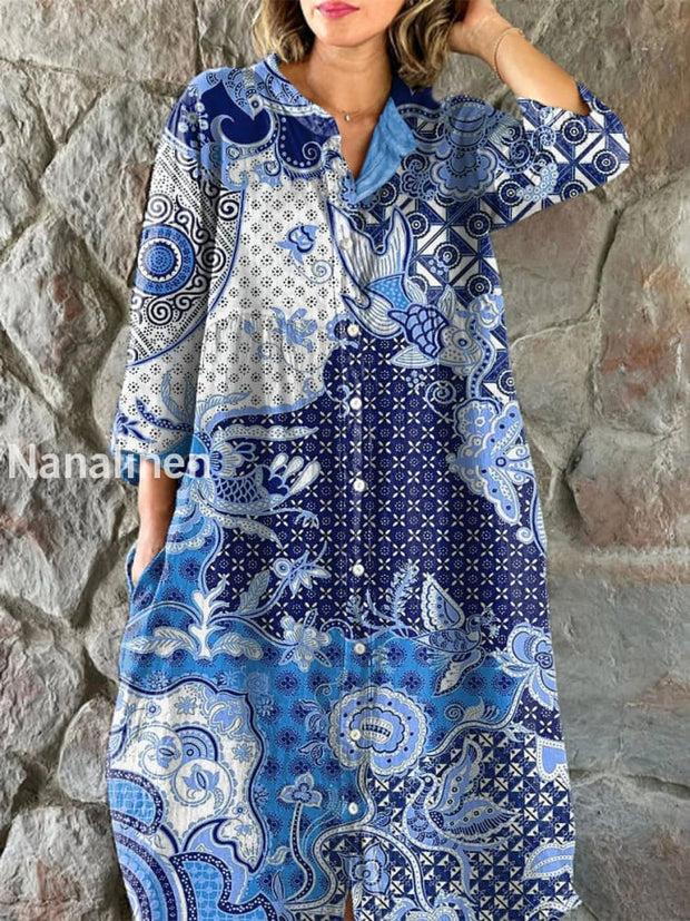 Vintage Floral Art Print Chic V-Neck Three-Quarter Sleeve Button Up Elegant Midi Dress Navy Blue / S