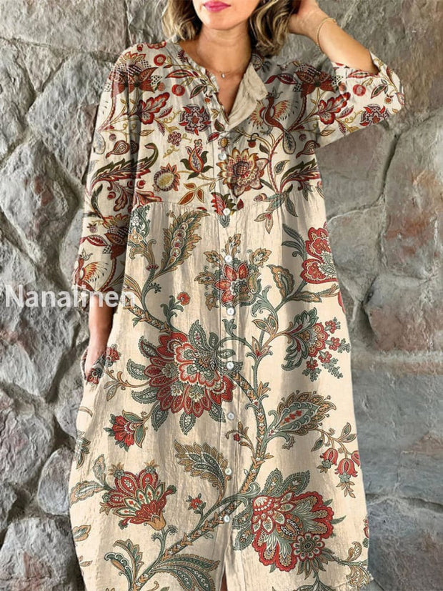 Vintage Floral Art Print Chic V-Neck Three-Quarter Sleeve Button Up Elegant Midi Dress Smoked Yellow / S