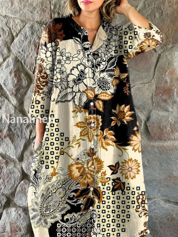 Vintage Floral Art Print Chic V-Neck Three-Quarter Sleeve Button Up Elegant Midi Dress Yellow / S