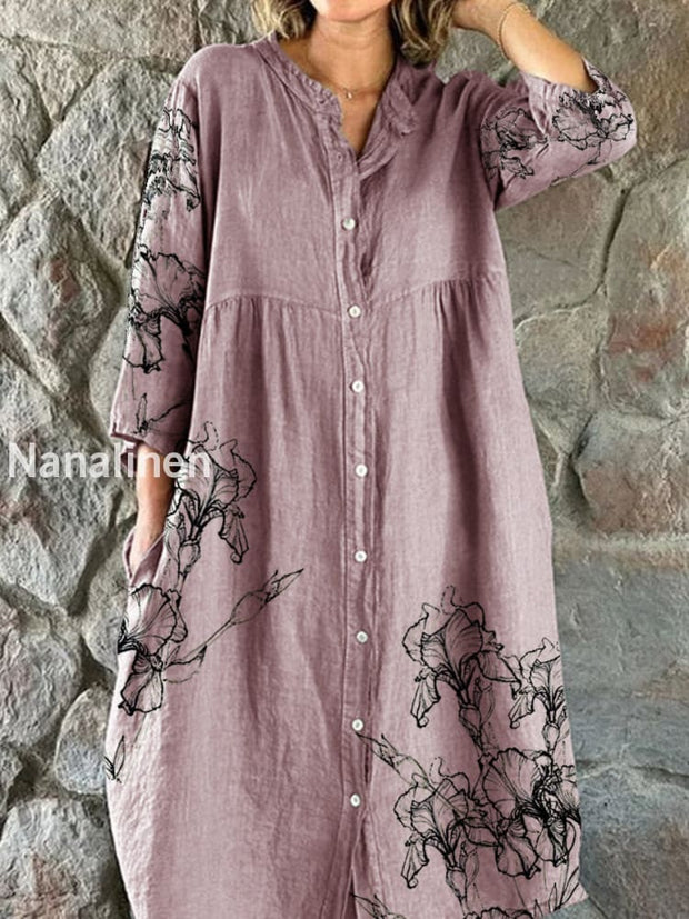 Vintage Floral Art Print Chic V-Neck Three-Quarter Sleeve Buttoned Elegant Midi Dress A / S