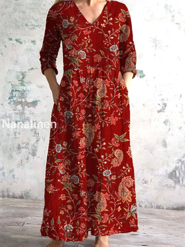 Vintage Floral Art Print Chic V-Neck Three-Quarter Sleeve Elegant Mid-Length Dress A / S