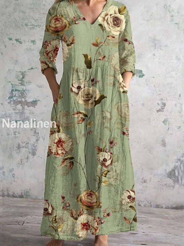 Vintage Floral Art Print Chic V-Neck Three-Quarter Sleeve Elegant Midi Dress A / S