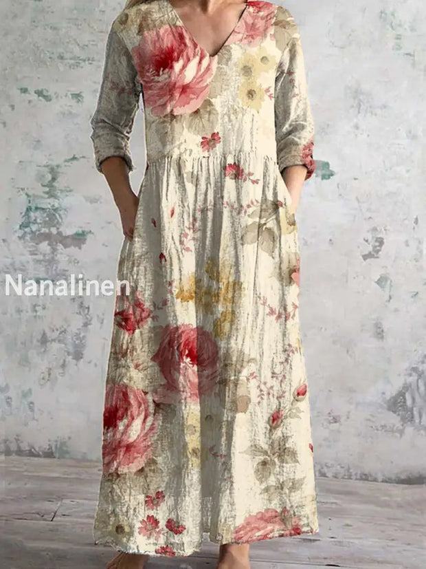 Vintage Floral Art Print Chic V Neck Three Quarter Sleeve Elegant Midi Dress A / S