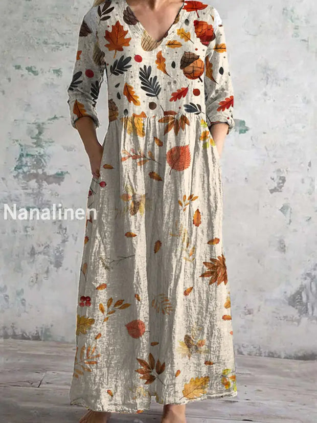 Vintage Floral Art Print Chic V-Neck Three-Quarter Sleeve Elegant Midi Dress A / S