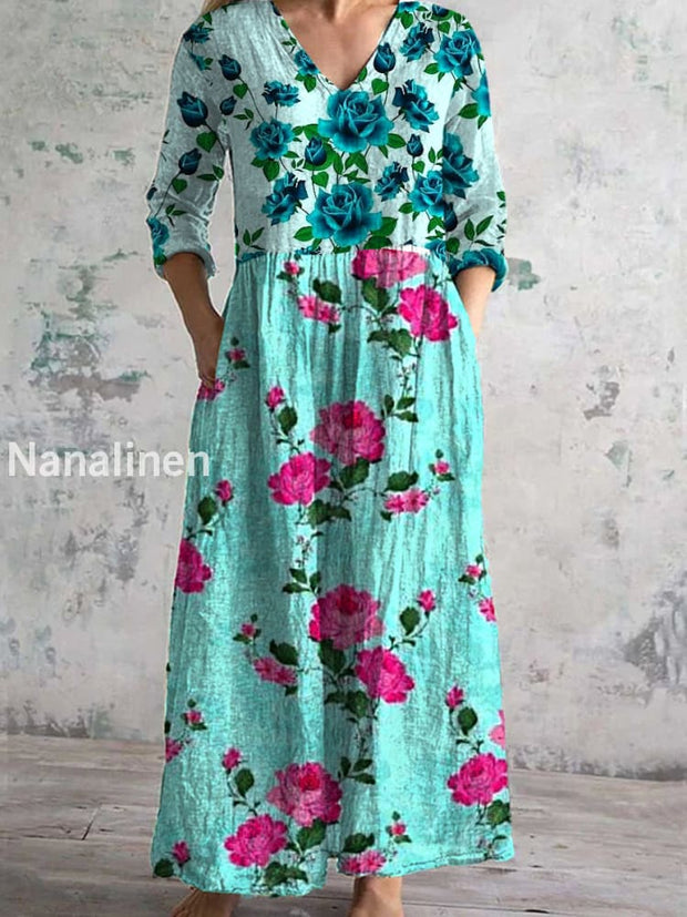 Vintage Floral Art Print Chic V Neck Three Quarter Sleeve Elegant Midi Dress A / S