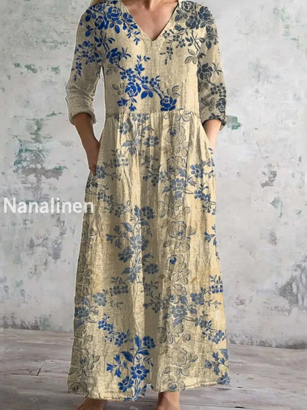 Vintage Floral Art Print Chic V-Neck Three-Quarter Sleeve Elegant Midi Dress A / S