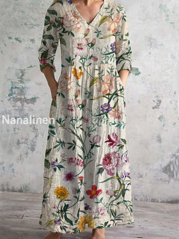 Vintage Floral Art Print Chic V Neck Three Quarter Sleeve Elegant Midi Dress A / S