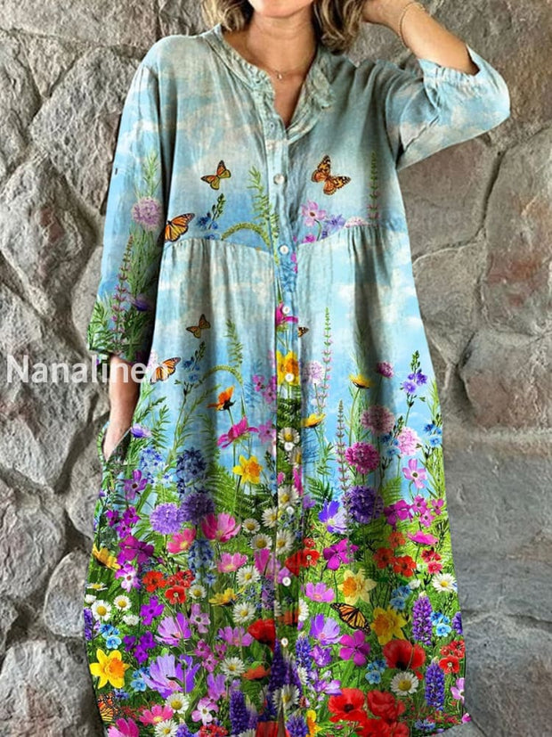 Vintage Floral Art Print Chic V Neck Three Quarter Sleeves Buttons Elegant Midi Dress A / S