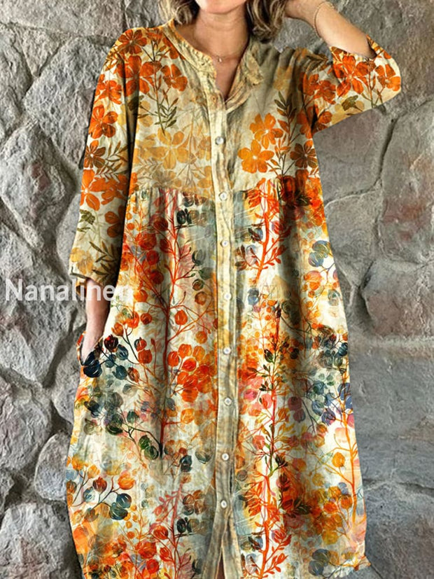 Vintage Floral Art Print Chic V Neck Three Quarter Sleeves Buttons Elegant Midi Dress A / S