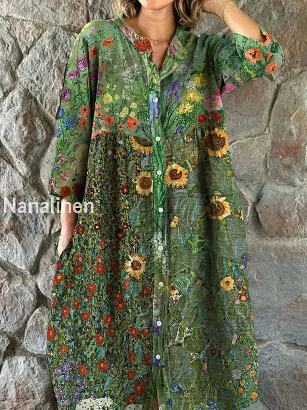 Vintage Floral Art Print Chic V Neck Three Quarter Sleeves Buttons Elegant Midi Dress A / S