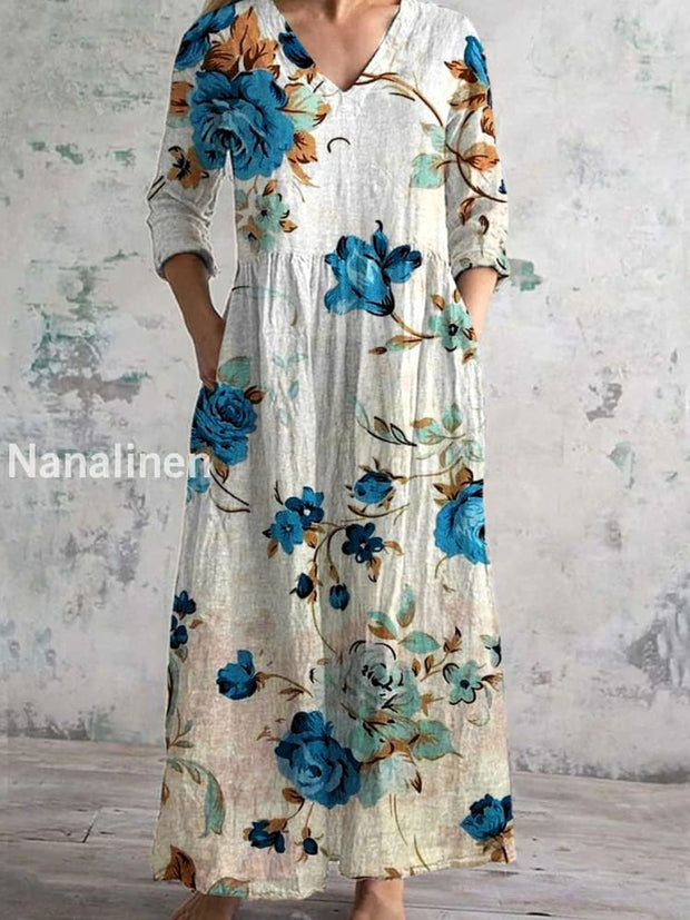 Vintage Floral Art Print Chic V Neck Three Quarter Sleeves Elegant Midi Dress A / S