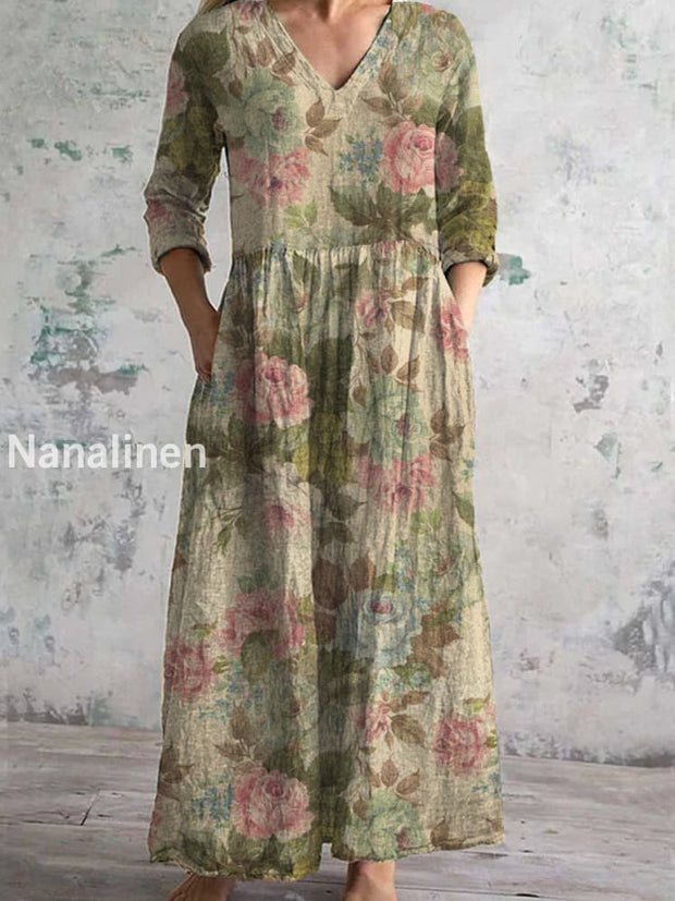 Vintage Floral Art Print Chic V-Neck Three-Quarter Sleeves Elegant Midi Dress A / S