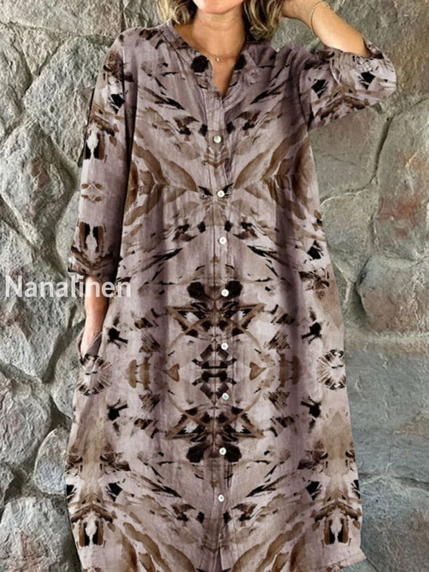 Vintage Floral Art Print Chic V-Neck Three-Sleeve Buttoned Elegant Midi Dress A / S