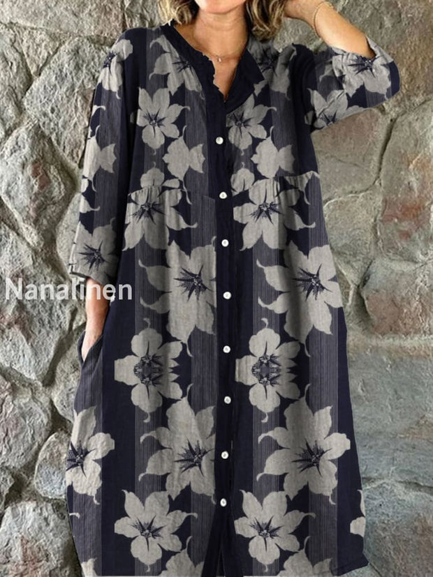 Vintage Floral Art Print Chic V-Neck Three-Sleeve Buttoned Elegant Midi Dress A / S