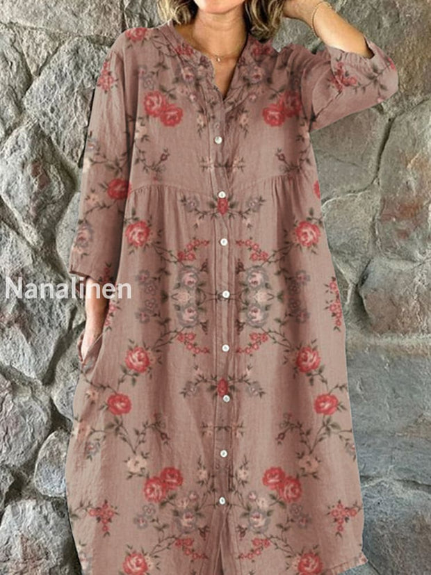 Vintage Floral Art Print Chic V-Neck Three-Sleeve Buttoned Elegant Midi Dress A / S