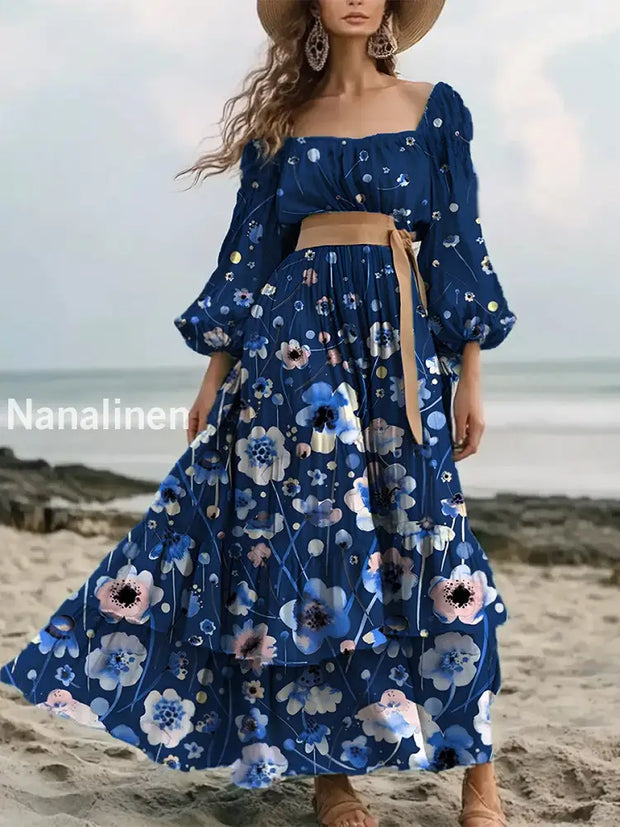 Vintage Floral Art Print Elegant And Chic Loose Long Sleeve Midi Dress A / S