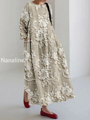 Vintage Floral Art Print Elegant And Chic Loose Long Sleeve Midi Dress A / S