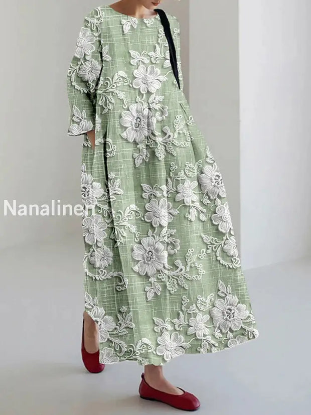 Vintage Floral Art Print Elegant And Chic Loose Long Sleeve Midi Dress B / S