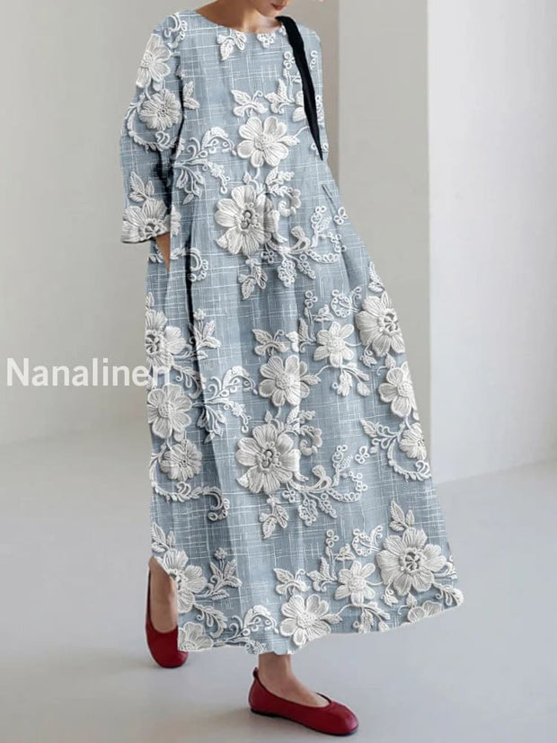 Vintage Floral Art Print Elegant And Chic Loose Long Sleeve Midi Dress C / S