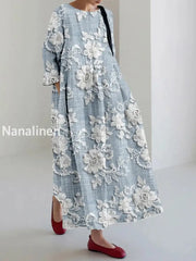 Vintage Floral Art Print Elegant And Chic Loose Long Sleeve Midi Dress C / S