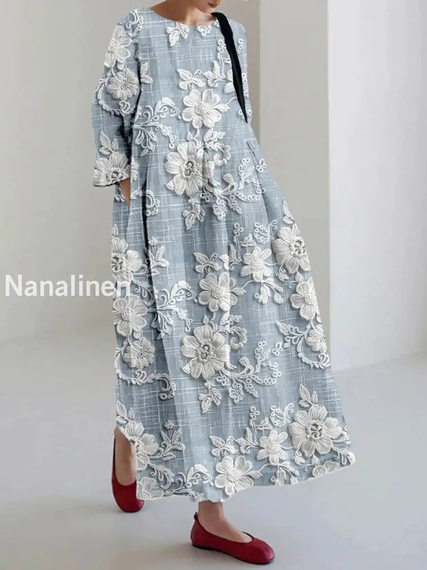 Vintage Floral Art Print Elegant And Chic Loose Long Sleeve Midi Dress C / S