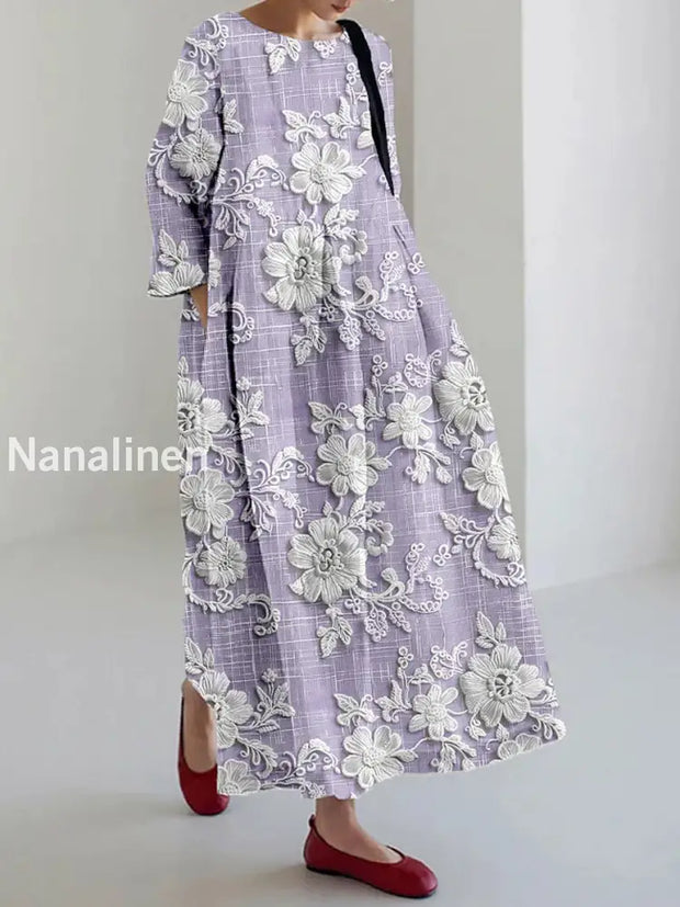 Vintage Floral Art Print Elegant And Chic Loose Long Sleeve Midi Dress D / S