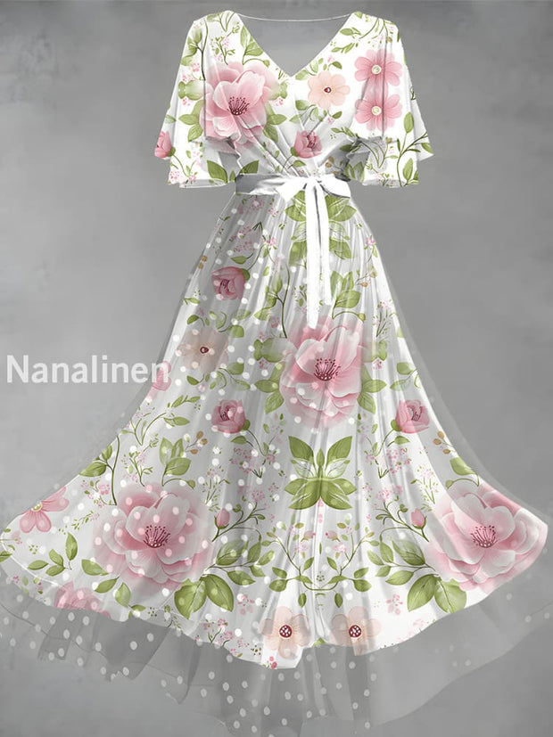 Vintage Floral Art Print Elegant V-Neck Chic Short Sleeve Maxi Dress A / S