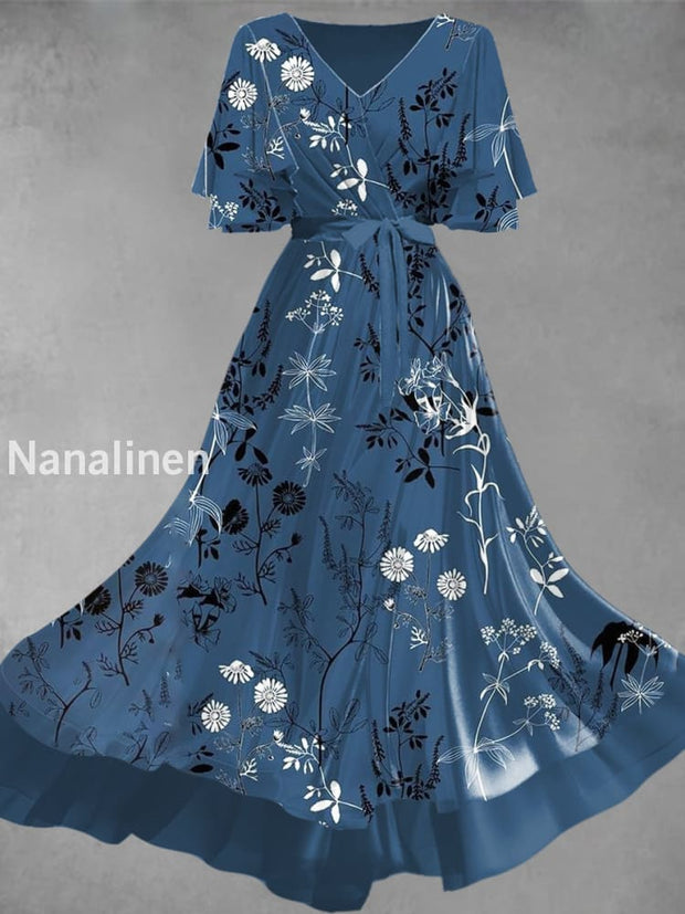 Vintage Floral Art Print Elegant V-Neck Chic Short Sleeve Maxi Dress A / S