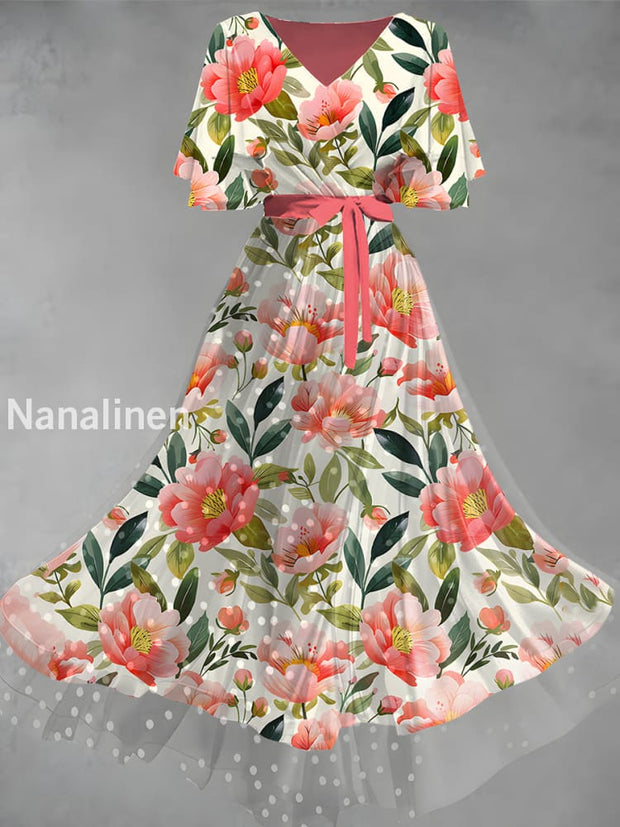Vintage Floral Art Print Elegant V-Neck Chic Short Sleeve Maxi Dress A / S