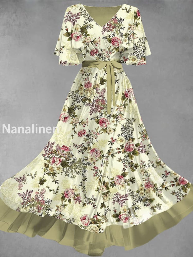 Vintage Floral Art Print Elegant V-Neck Chic Short Sleeve Maxi Dress A / S