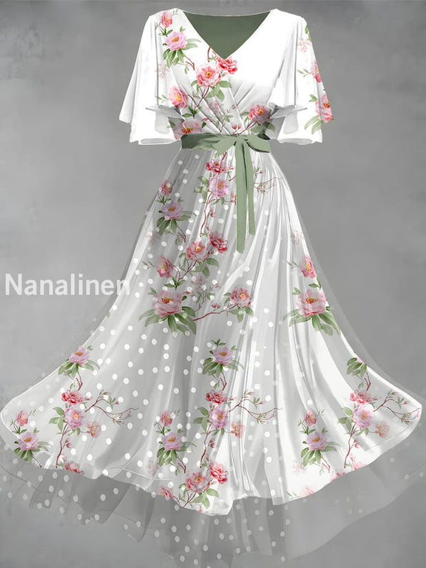 Vintage Floral Art Print Elegant V-Neck Chic Short Sleeve Maxi Dress A / S