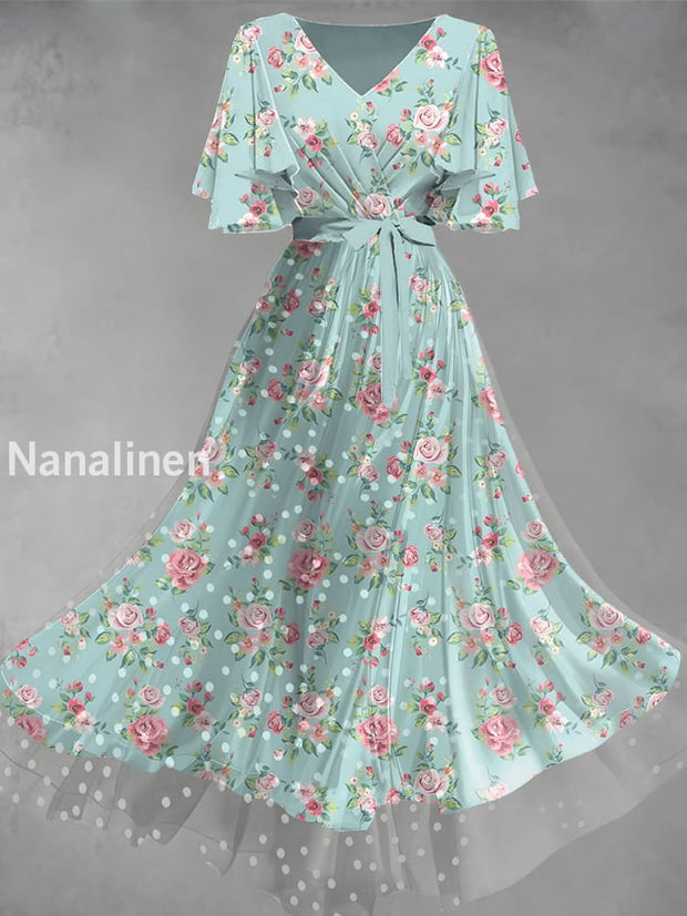 Vintage Floral Art Print Elegant V-Neck Chic Short Sleeve Maxi Dress A / S