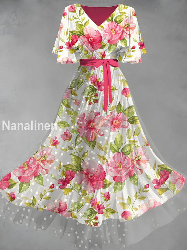 Vintage Floral Art Print Elegant V-Neck Chic Short Sleeve Maxi Dress A / S