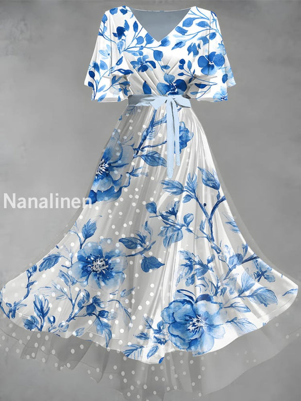 Vintage Floral Art Print Elegant V-Neck Chic Short Sleeve Maxi Dress A / S