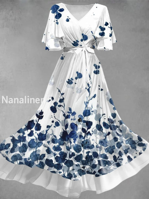 Vintage Floral Art Print Elegant V-Neck Chic Short Sleeve Maxi Dress A / S