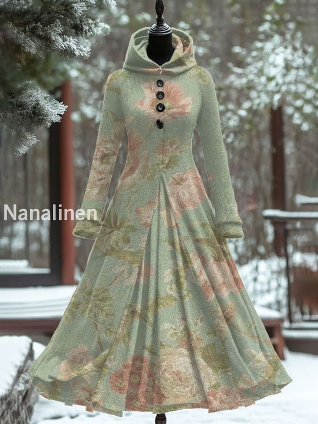 Vintage Floral Art Print Hooded Patchwork Long Sleeve 50S Elegant Slim Fake Two-Piece Midi Dress A