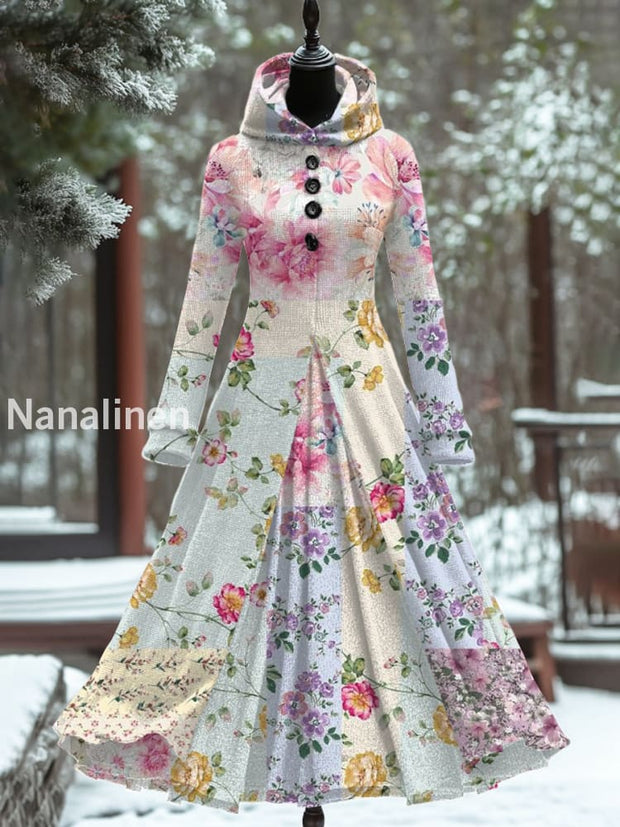 Vintage Floral Art Print Hooded Patchwork Long Sleeve 50S Elegant Slim Fake Two-Piece Midi Dress A