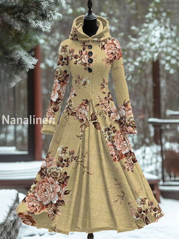 Vintage Floral Art Print Hooded Patchwork Long Sleeve 50S Elegant Slim Fake Two-Piece Midi Dress A