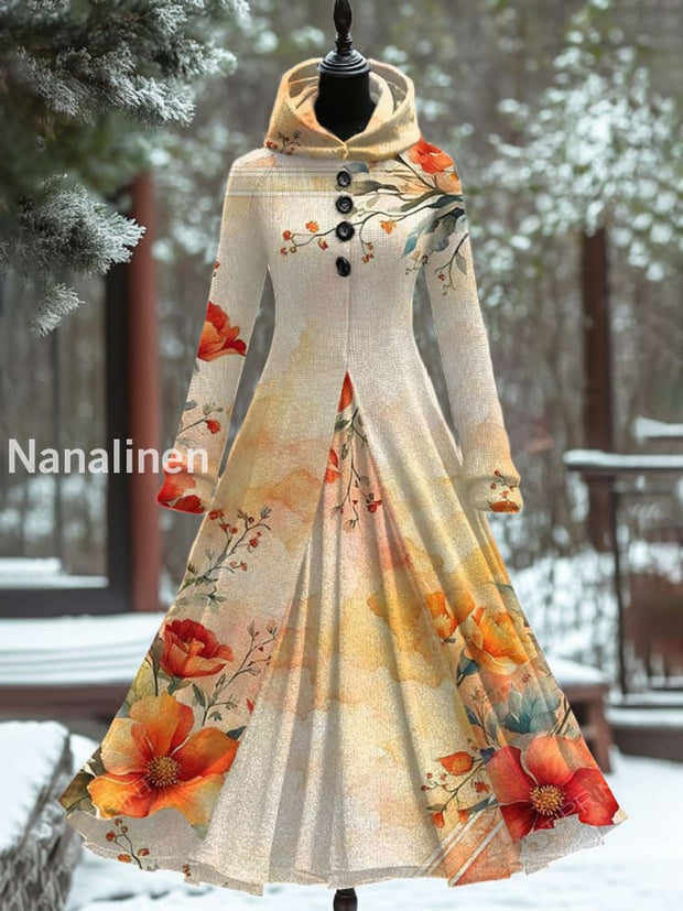 Vintage Floral Art Print Hooded Patchwork Long Sleeve 50S Elegant Slim Fake Two-Piece Midi Dress A