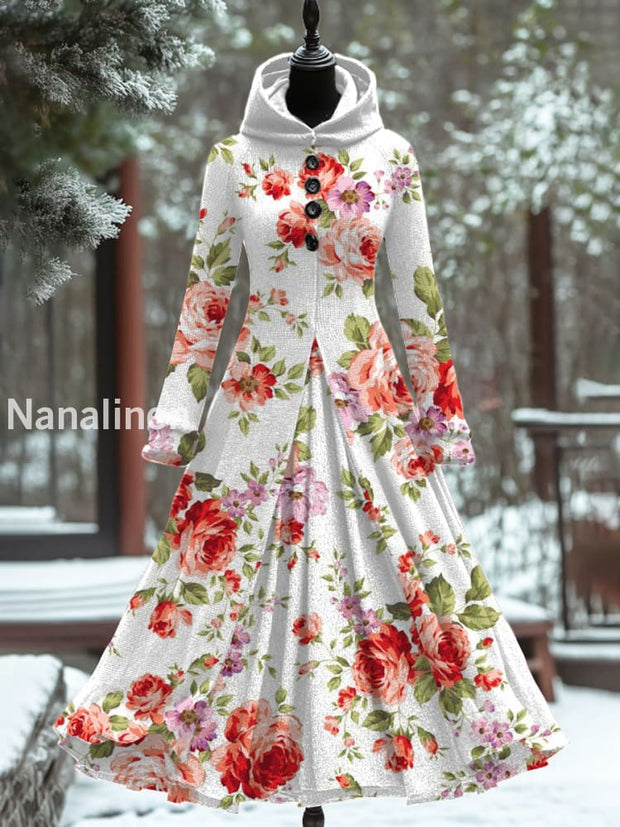 Vintage Floral Art Print Hooded Patchwork Long Sleeve 50S Elegant Slim Fake Two-Piece Midi Dress A