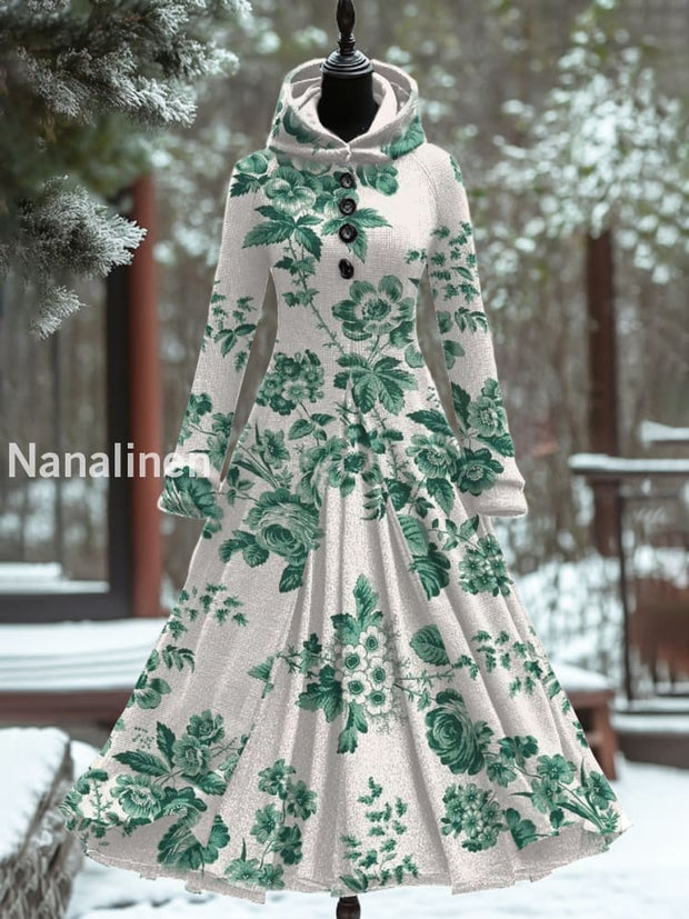 Vintage Floral Art Print Hooded Splicing Long Sleeve 50S Elegant Slim Fake Two-Piece Midi Dress A /