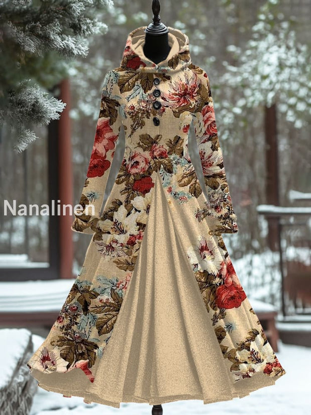 Vintage Floral Art Print Hooded Splicing Long Sleeve 50S Elegant Slim Fake Two-Piece Midi Dress A /