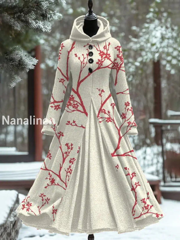 Vintage Floral Art Print Hooded Splicing Long Sleeve 50S Elegant Slim Fake Two-Piece Midi Dress A /