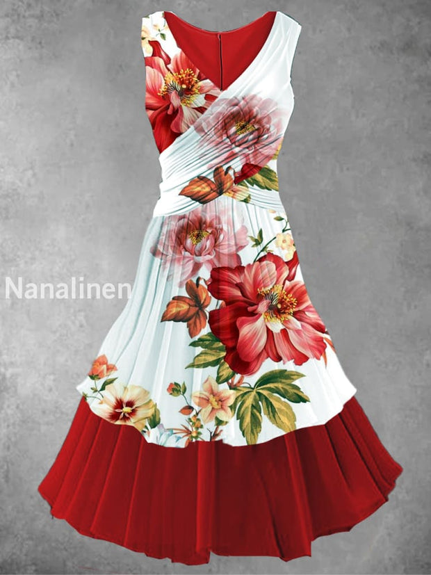 Vintage Floral Art Print Sleeveless Midi Dress A / S
