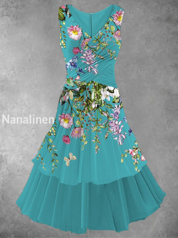 Vintage Floral Art Print Sleeveless Midi Dress A / S