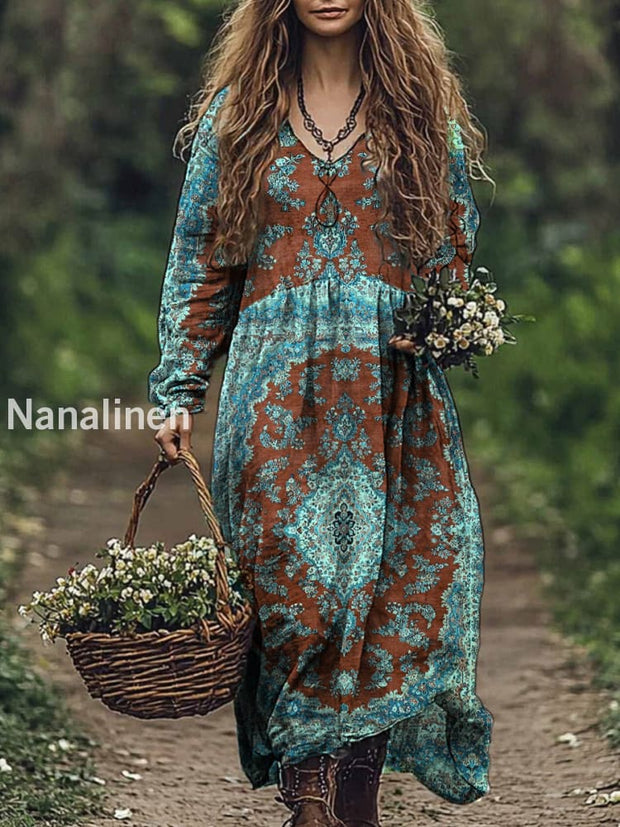 Vintage Floral Art Print V-Neck Elegant And Chic Loose Long Sleeve Midi Dress A / S