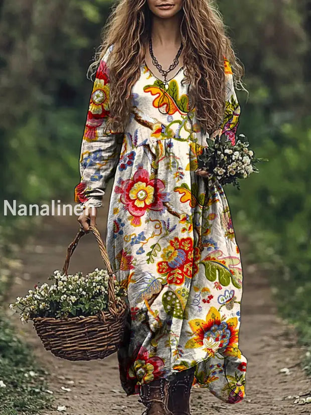 Vintage Floral Art Print V-Neck Elegant And Chic Loose Long Sleeve Midi Dress A / S